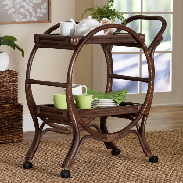 Baxton Studio Bali & Pari Selah Handwoven Rattan 2-tier Kitchen Serving Cart with Casters WS233-Coffee Bean/Rattan-Cart