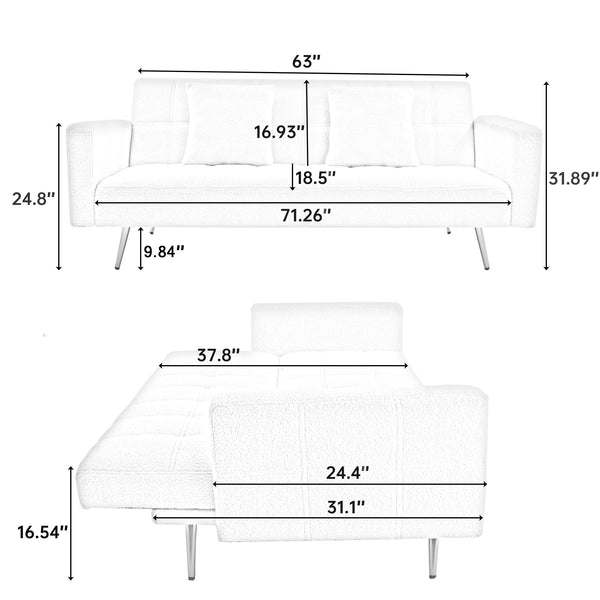 English Elm 71.7 Cozy Teddy Fleece Sofa Bed with 2 Plush Throw Pillows, 3-Seater Convertible Sleeper, 500lb Capacity Beige W3356P298490