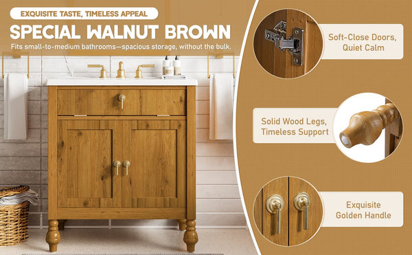 English Elm Christopher Knight Home® - 30-Inch Walnut Vanity with Seashell Resin Sink, Flip-Up Organizer, Soft-Close Doors & Legs Brown N765P33417576B
