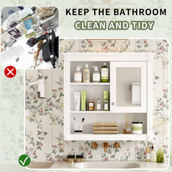 English Elm 32'' Bathroom Wall Cabinet Mirror — 32-inch Wall-Mounted Medicine Cabinet with Adjustable Shelves for Streamlined Bathroom Storage and Stylish Organization White N710P254922K