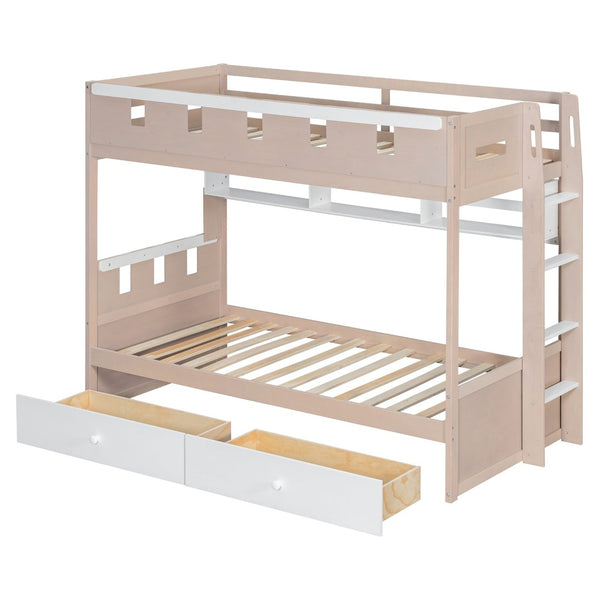 English Elm Twin Castle Bunk Bed with Led Lighting Built-in Shelf and Storage Drawers for Kids White LT000158AAK