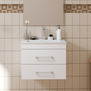 English Elm 24-Inch White Gloss Wall-Mounted Bathroom Vanity With Soft-Close Drawers & Sleek Ceramic Sink W3151S00016
