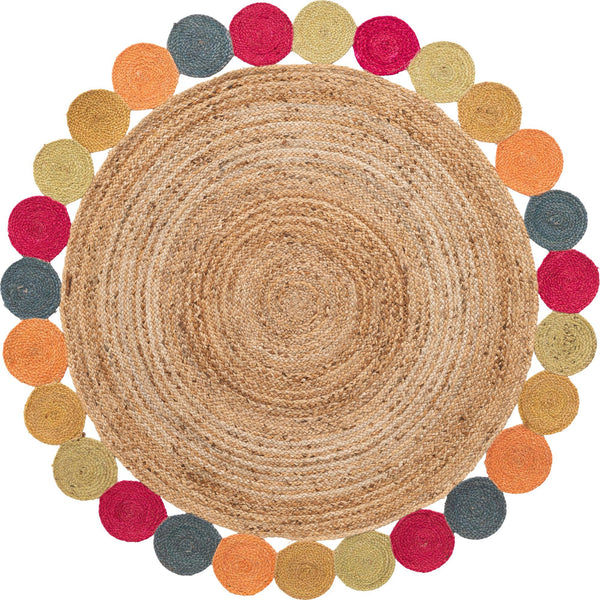 Unique Loom Braided Jute Circles Hand Braided Solid Rug Natural, Gray/Green/Orange/Yellow/Pink 6' 1" x 6' 1"