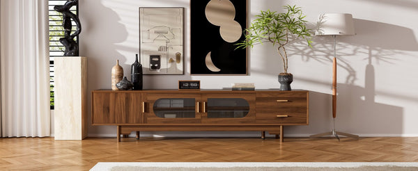 English Elm 78inch Walnut Entertainment Center Fluted Glass Solid Wood Legs Modern Living Room N710P362203P