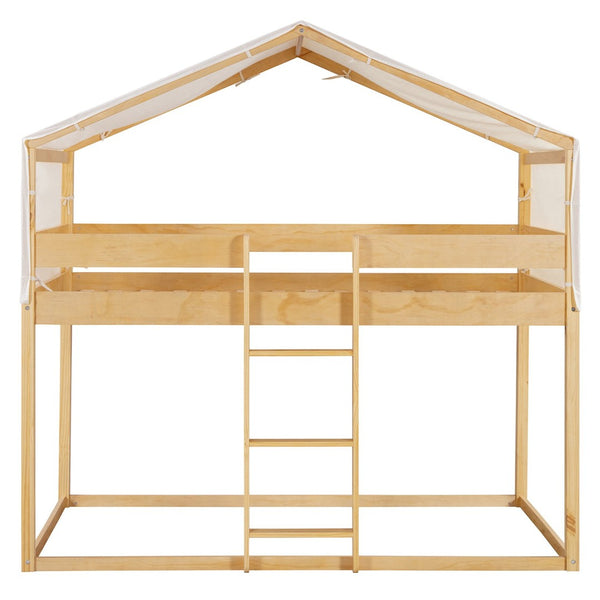 English Elm Twin Over Kids Bunk Bed with Tent Canopy Farmhouse Pinewood Playroom Frame Natural N708P248523M