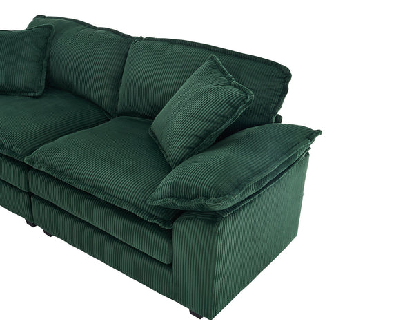 English Elm Corduroy Plush 2-Seat Sofa with 2 Back Cushions, Toss Pillows & Ottomans — Deep Seat Comfort Green W2363S00065