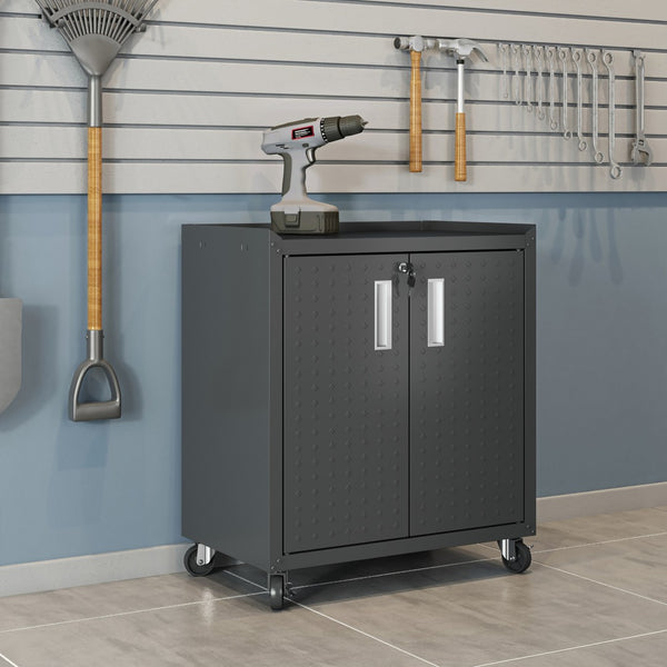 English Elm Rolling Metal Garage Cabinet with Locking Doors Diamond Texture Industrial Storage Charcoal Grey B365P398225