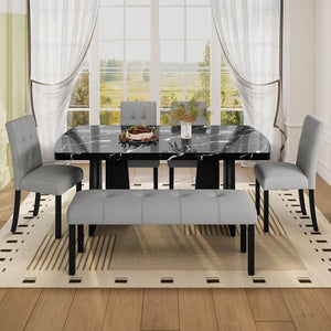 English Elm 6 Piece Dining Set with Rectangular Solid Wood Table, Upholstered Chairs & Bench, Rustic Charm, Easy Assembly, Seats 6 Black+ Gray N752S000011B
