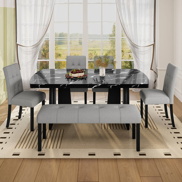 English Elm 6 Piece Dining Set with Rectangular Solid Wood Table, Upholstered Chairs & Bench, Rustic Charm, Easy Assembly, Seats 6 Black+ Gray N752S000011B