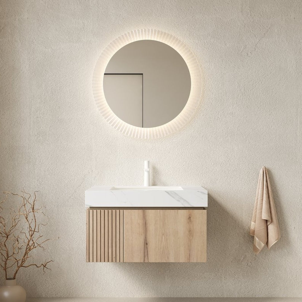 English Elm Muri Floating Bathroom Vanity with Sintered Stone Top and White Oak Plywood Cabinet W2615S00624