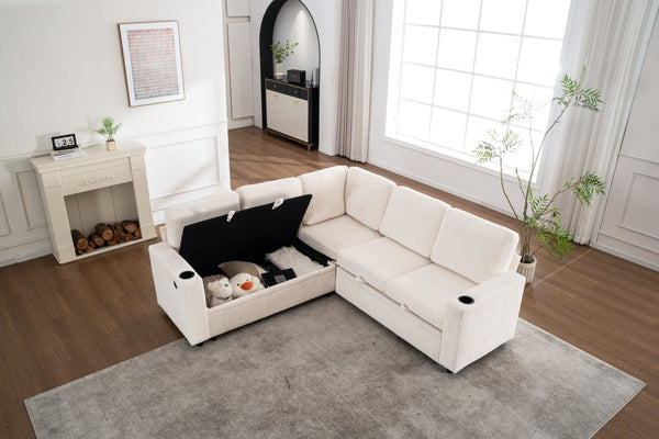 English Elm Sectional Corduroy Sleeper Sofa with Storage and Charging Ports for Small Spaces White W1361S00075