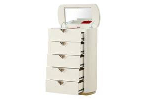English Elm La Pierre Modern 5-Drawer Chest With Open Top Mirror & Gold Accents - Elegant Beige Storage Solution G150108843
