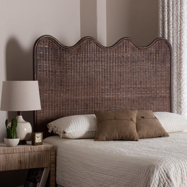 Baxton Studio Bali & Pari Einya Handwoven Rattan Headboard Scalloped Boho Coastal Bedroom Accent 74.8W x 1.2D x 63H WS240-Coffee Bean/Rattan-HB-King