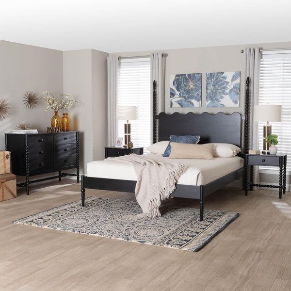 Baxton Studio Baxton Studio Brantley Rubberwood Farmhouse Bedroom Set with Spindle Headboard and Storage Lesedi-4PC Bedroom Set-Black-King-2NS