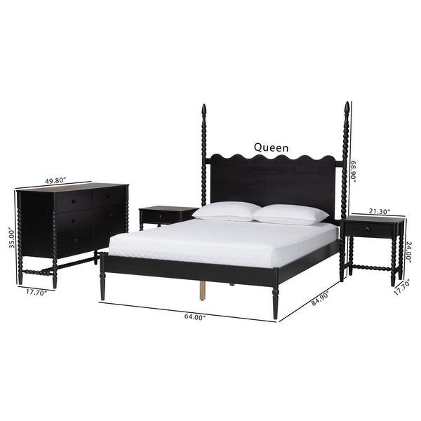 Baxton Studio Baxton Studio Brantley Rubberwood Farmhouse Bedroom Set with Spindle Headboard and Storage Lesedi-4PC Bedroom Set-Black-King-2NS