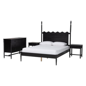 Baxton Studio Baxton Studio Brantley Rubberwood Farmhouse Bedroom Set with Spindle Headboard and Storage Lesedi-4PC Bedroom Set-Black-King-2NS