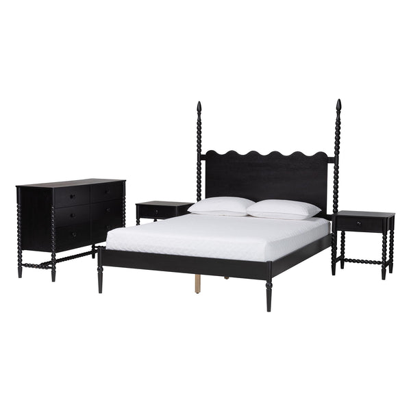 Baxton Studio Baxton Studio Brantley Rubberwood Farmhouse Bedroom Set with Spindle Headboard and Storage Lesedi-4PC Bedroom Set-Black-King-2NS