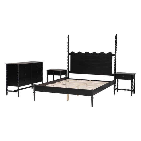 Baxton Studio Baxton Studio Brantley Rubberwood Farmhouse Bedroom Set with Spindle Headboard and Storage Lesedi-4PC Bedroom Set-Black-King-2NS