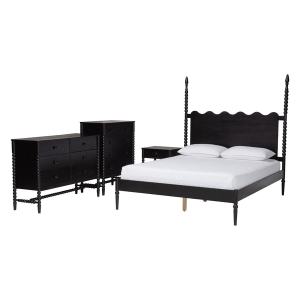 Baxton Studio Baxton Studio Brantley Spindle Farmhouse Bedroom Set Rubberwood Frame with Ample Storage King Size Lesedi-4PC Bedroom Set-Black-King-1NS