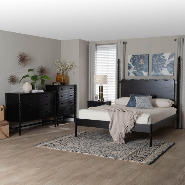 Baxton Studio Baxton Studio Brantley Spindle Farmhouse Bedroom Set Rubberwood Frame with Ample Storage King Size Lesedi-4PC Bedroom Set-Black-King-1NS