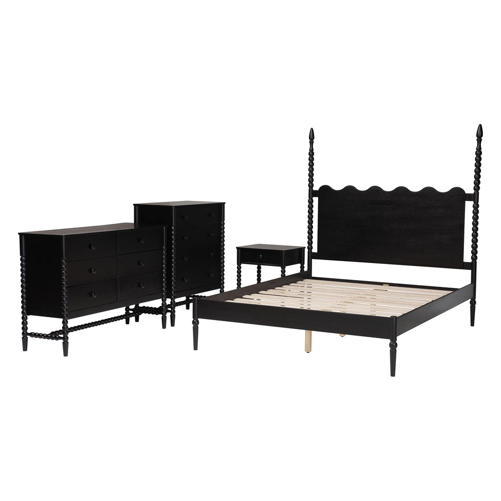 Baxton Studio Baxton Studio Brantley Spindle Farmhouse Bedroom Set Rubberwood Frame with Ample Storage King Size Lesedi-4PC Bedroom Set-Black-King-1NS
