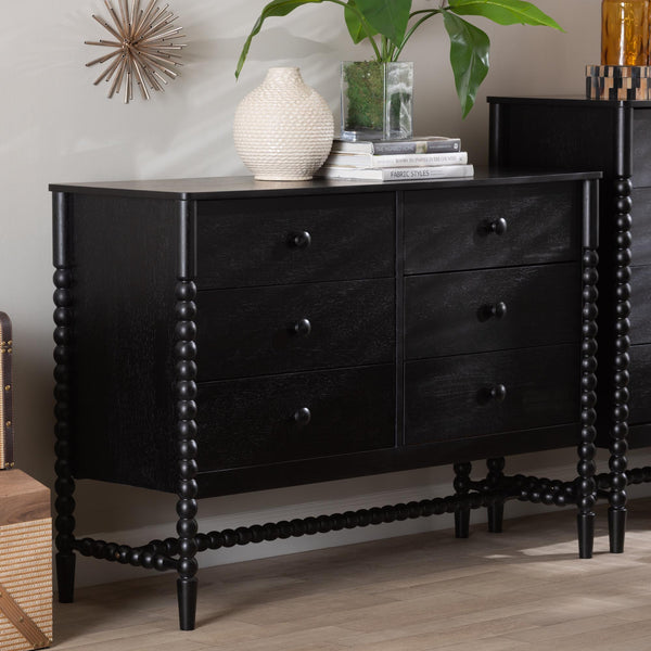 Baxton Studio Baxton Studio Brantley Rubberwood Farmhouse 6-drawer Dresser with Spindle Frame for Bedroom MG9025-Black-6DW-Dresser
