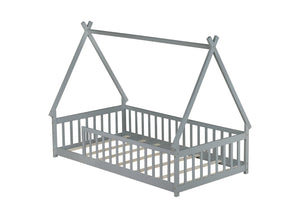 English Elm Twin Tent-Shaped Floor Bed With Guardrails, Grey Teepee Design For Safe Playful Sleep & Comfort W504P345774-GIGA