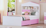 English Elm Twin Size House-Shaped Wooden Bed With Storage Shelf On The Headboard, Built-In Two Storage Drawers, Pink