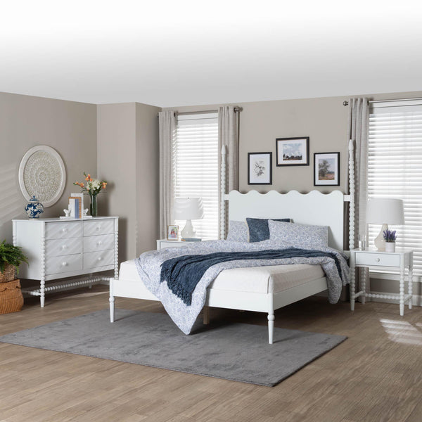 Baxton Studio Baxton Studio Brantley Rubberwood Farmhouse Bedroom Set with Spindle Headboard No Box Spring Lesedi-4PC Bedroom Set-White-King-2NS