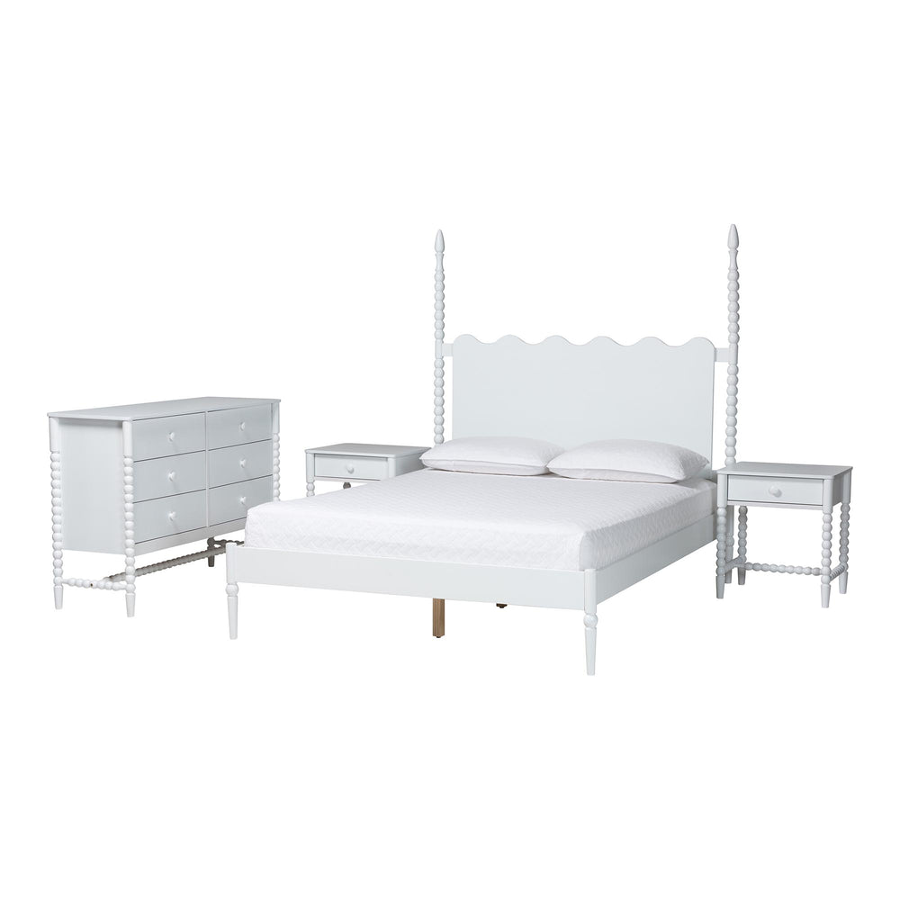Baxton Studio Baxton Studio Brantley Rubberwood Farmhouse Bedroom Set with Spindle Headboard and Storage Lesedi-4PC Bedroom Set-White-Queen-2NS