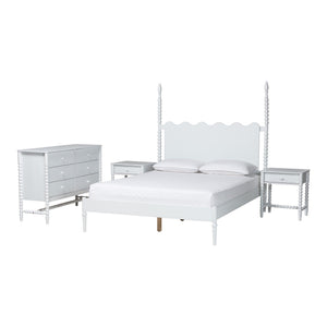 Baxton Studio Baxton Studio Brantley Rubberwood Farmhouse Bedroom Set with Spindle Headboard and Storage Lesedi-4PC Bedroom Set-White-Queen-2NS