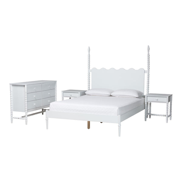 Baxton Studio Baxton Studio Brantley Rubberwood Farmhouse Bedroom Set with Spindle Headboard and Storage Lesedi-4PC Bedroom Set-White-Queen-2NS