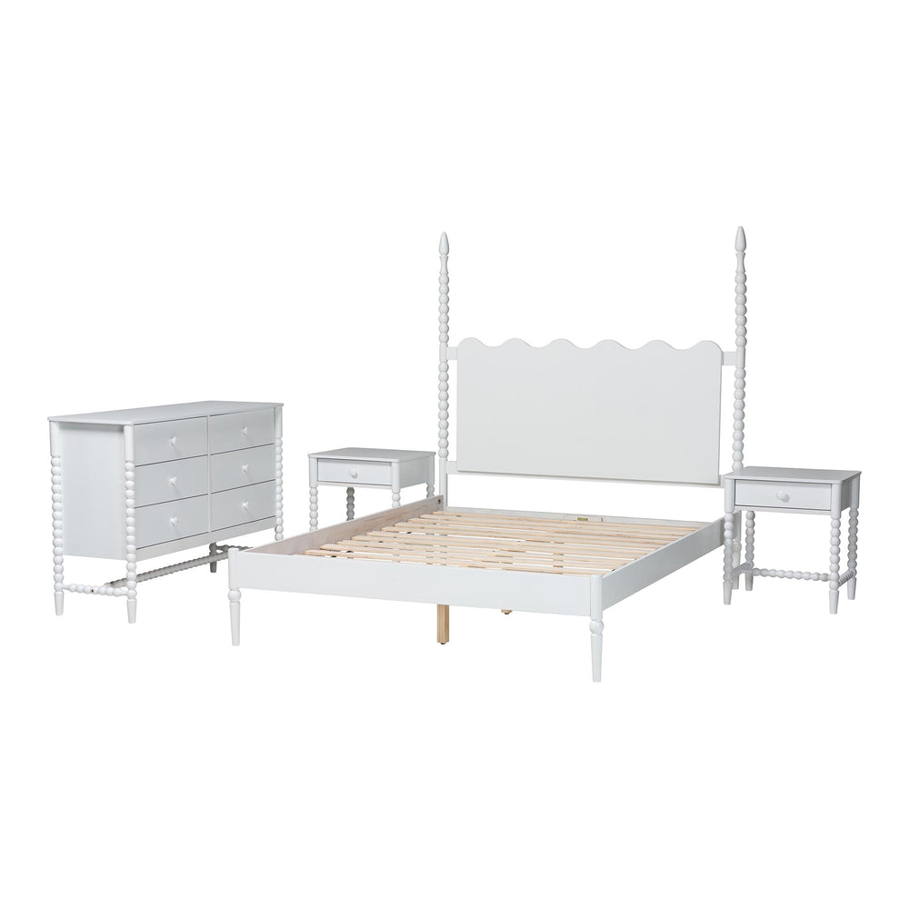 Baxton Studio Baxton Studio Brantley Rubberwood Farmhouse Bedroom Set with Spindle Headboard and Storage Lesedi-4PC Bedroom Set-White-Queen-2NS