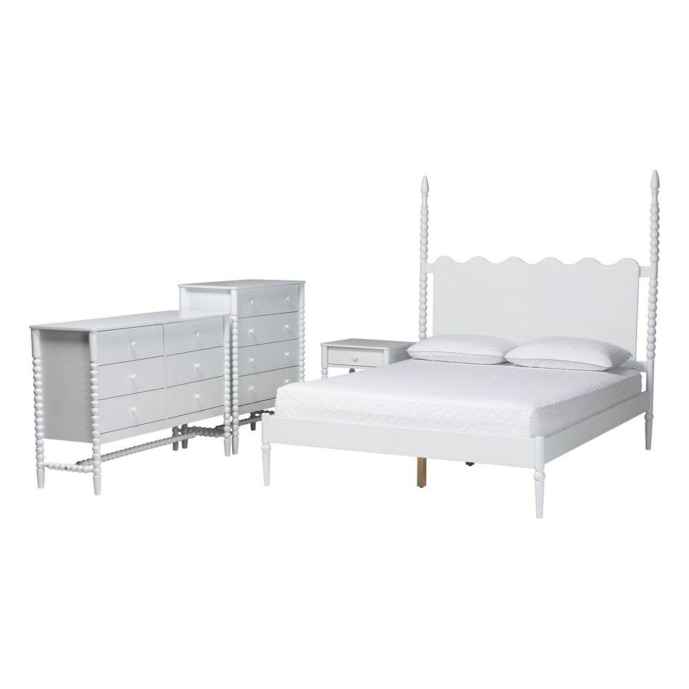Baxton Studio Baxton Studio Brantley Rubberwood Farmhouse Bedroom Set with Spindle Scalloped Headboard Queen Size Lesedi-4PC Bedroom Set-White-Queen-1NS