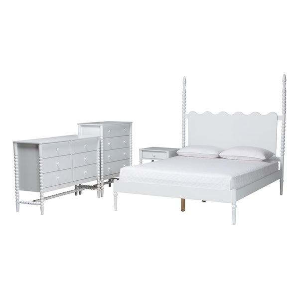 Baxton Studio Baxton Studio Brantley Rubberwood Farmhouse Bedroom Set with Spindle Scalloped Headboard Queen Size Lesedi-4PC Bedroom Set-White-Queen-1NS