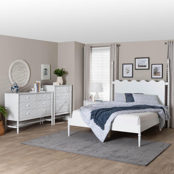 Baxton Studio Baxton Studio Brantley Rubberwood Farmhouse Bedroom Set with Spindle Scalloped Headboard Queen Size Lesedi-4PC Bedroom Set-White-Queen-1NS