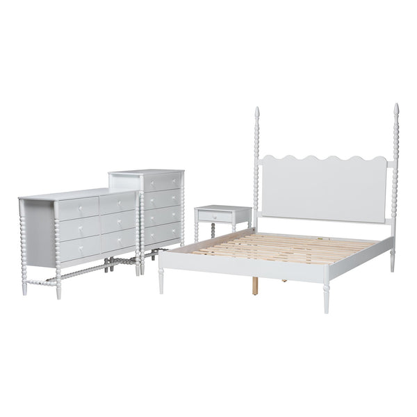 Baxton Studio Baxton Studio Brantley Rubberwood Farmhouse Bedroom Set with Spindle Scalloped Headboard Queen Size Lesedi-4PC Bedroom Set-White-Queen-1NS