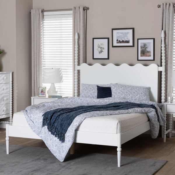 Baxton Studio Baxton Studio Brantley Rubberwood Farmhouse Platform Bed Scalloped Spindle Headboard No Box Spring King Size MG0110-6-White-King