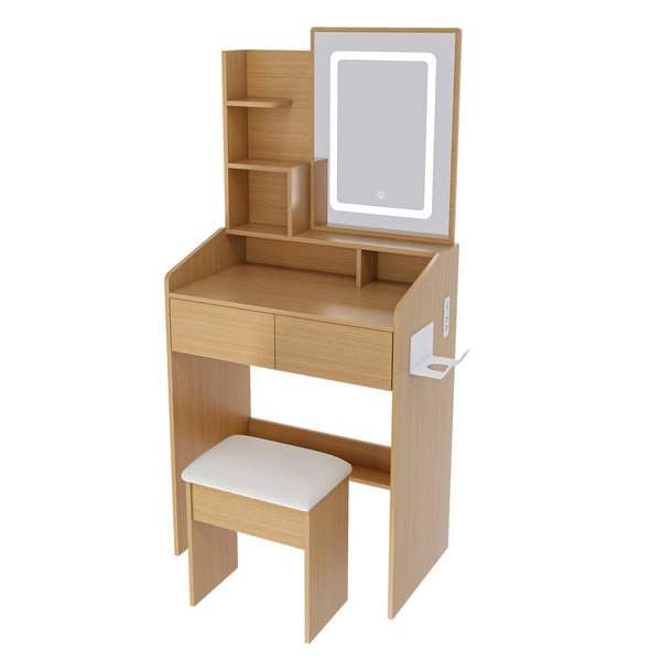 English Elm Vanity compact dressing desk with LED mirror, 3-color dimmable lights, drawers, stool, outlet Wood W2699P345799