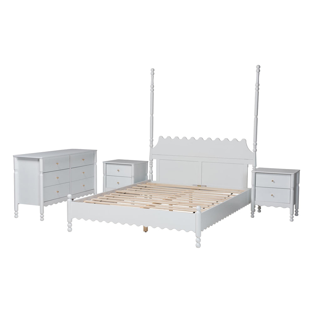 Baxton Studio Baxton Studio Hoffman Farmhouse King Bedroom Set Rubberwood Scalloped 4 Piece Suite Enitan-4PC Bedroom Set-White-King-2NS