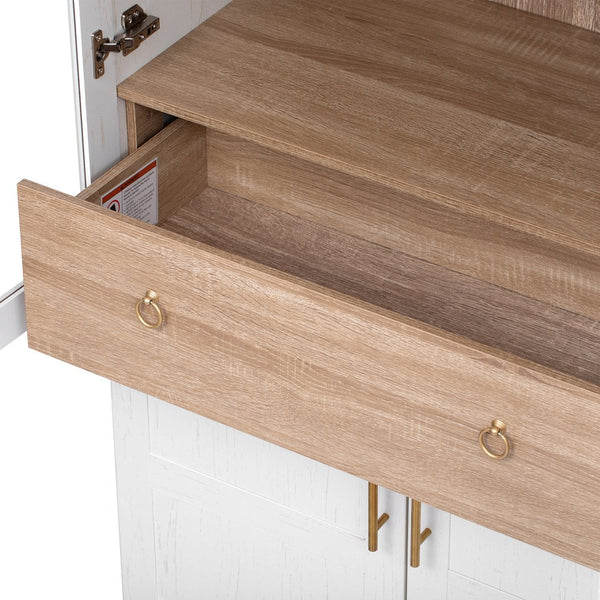 English Elm K&K Arched 71" Kitchen Pantry Cabinet with Glass Doors, Brass Handles, Adjustable Shelves & Drawer White N707P288969W