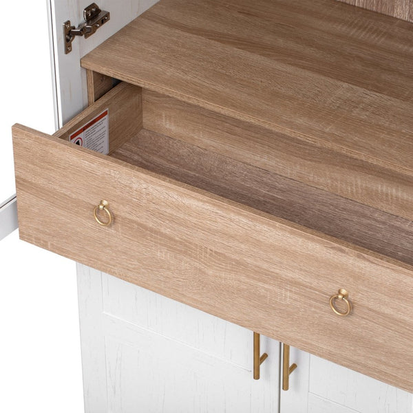 English Elm K&k Arched Farmhouse Pantry Cabinet Glass Doors Hidden Drawer Two Tone Kitchen Storage White N707S288969W