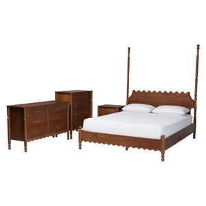 Baxton Studio Baxton Studio Hoffman Rubberwood Farmhouse Bedroom Set with Scalloped Dresser and Nightstand Queen Size Enitan-4PC Bedroom Set-Walnut-Queen-1NS