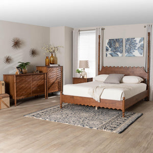 Baxton Studio Baxton Studio Hoffman Rubberwood Farmhouse Bedroom Set with Scalloped Dresser and Nightstand Queen Size Enitan-4PC Bedroom Set-Walnut-Queen-1NS