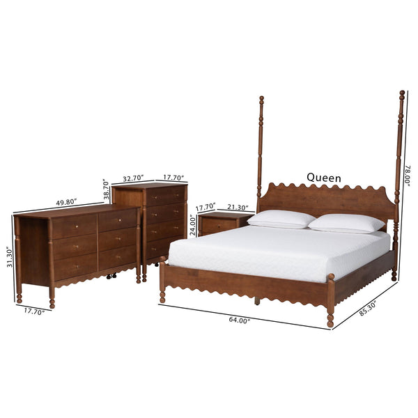 Baxton Studio Baxton Studio Hoffman Rubberwood Farmhouse Bedroom Set with Scalloped Dresser and Nightstand Queen Size Enitan-4PC Bedroom Set-Walnut-Queen-1NS