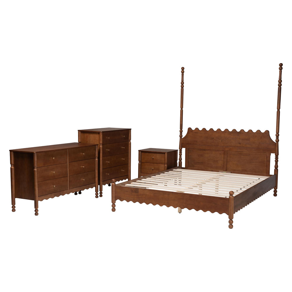 Baxton Studio Baxton Studio Hoffman Rubberwood Farmhouse Bedroom Set with Scalloped Dresser and Nightstand Queen Size Enitan-4PC Bedroom Set-Walnut-Queen-1NS