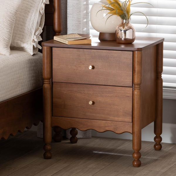 Baxton Studio Baxton Studio Hoffman Rubberwood Farmhouse Nightstand with Turned Legs and Two Drawers MG9022-Walnut-2DW-NS