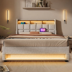English Elm Full Upholstered Platform Bed with Hydraulic Storage, LED Lighting, USB Ports, Linen Wood Metal Design Natural AA20690708B