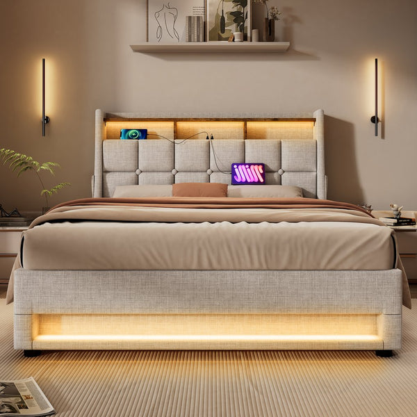 English Elm Full Upholstered Platform Bed with Hydraulic Storage, LED Lighting, USB Ports, Linen Wood Metal Design Natural AA20690708B
