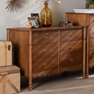 Baxton Studio Baxton Studio Hoffman 6-drawer Rubberwood Dresser with Turned Legs for Farmhouse Bedrooms MG9022-Walnut-6DW-Dresser